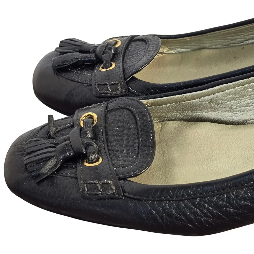 Talbots Black‎ Pebbled Leather Tassel Loafer Pumps Low Block Heel Gold Hardware